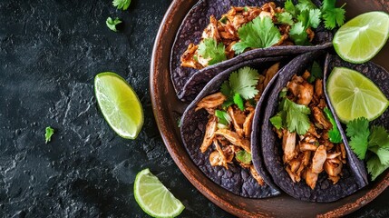 Jackfruit Tacos on Blue Corn Tortillas: Studio Photography with Lime Wedges and Cilantro. Clean Composition, Sharp Focus, and Negative Space in Commercial Food Photography.