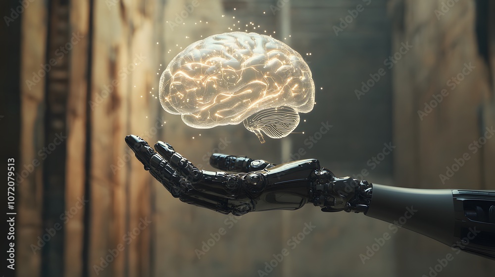 Poster A 3D robot hand holding a 2D floating digital brain icon, symbolizing AI and human-robot collaboration, on an uncluttered background, 4k resolution, ultra-realistic