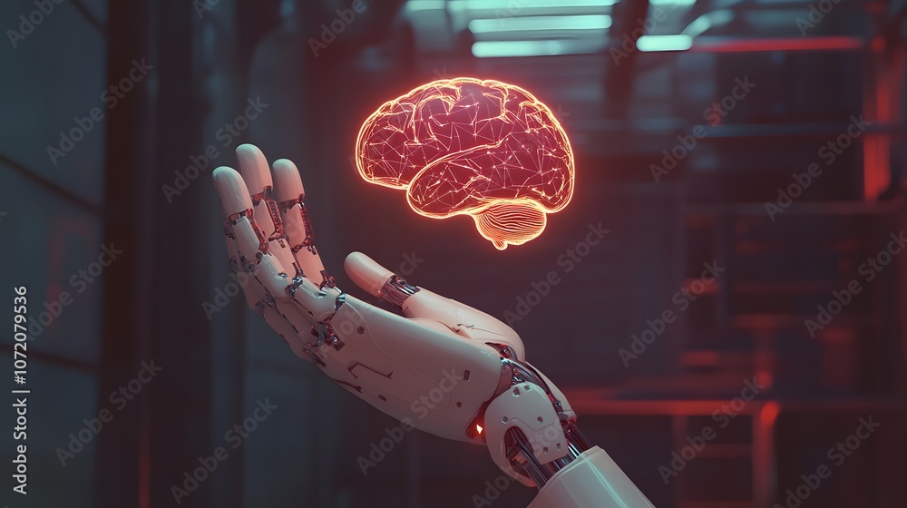 Poster A 3D robot hand holding a 2D floating digital brain icon, symbolizing AI and human-robot collaboration, on an uncluttered background, 4k resolution, ultra-realistic