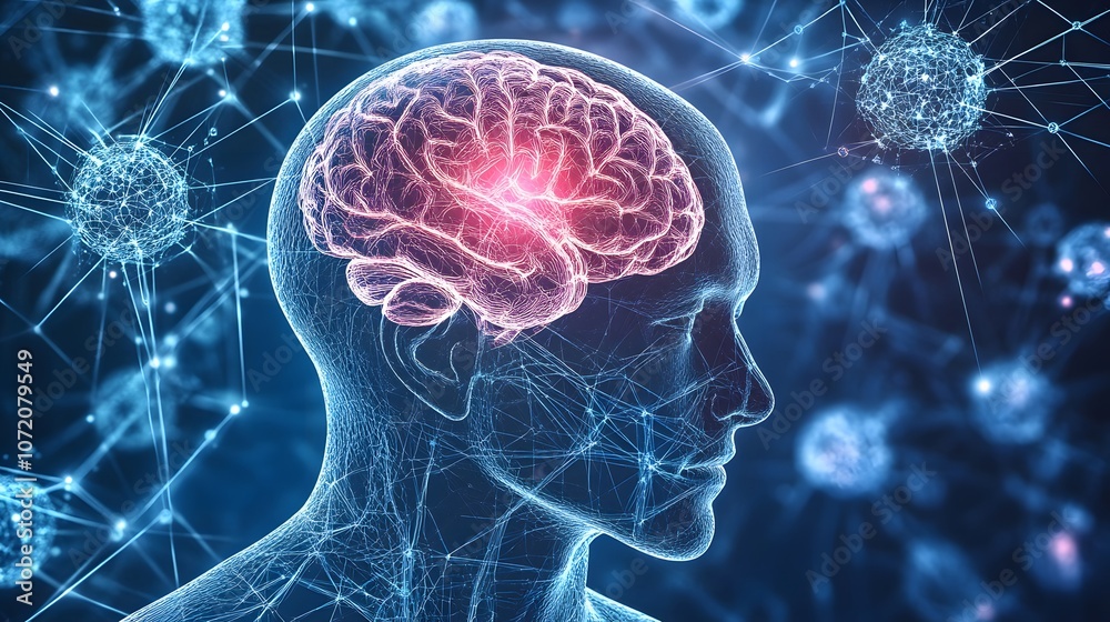 Poster A 3D human head model with 2D holographic neural network patterns floating around it, representing innovation in neuroscience, 4k resolution, ultra-realistic, uncluttered background