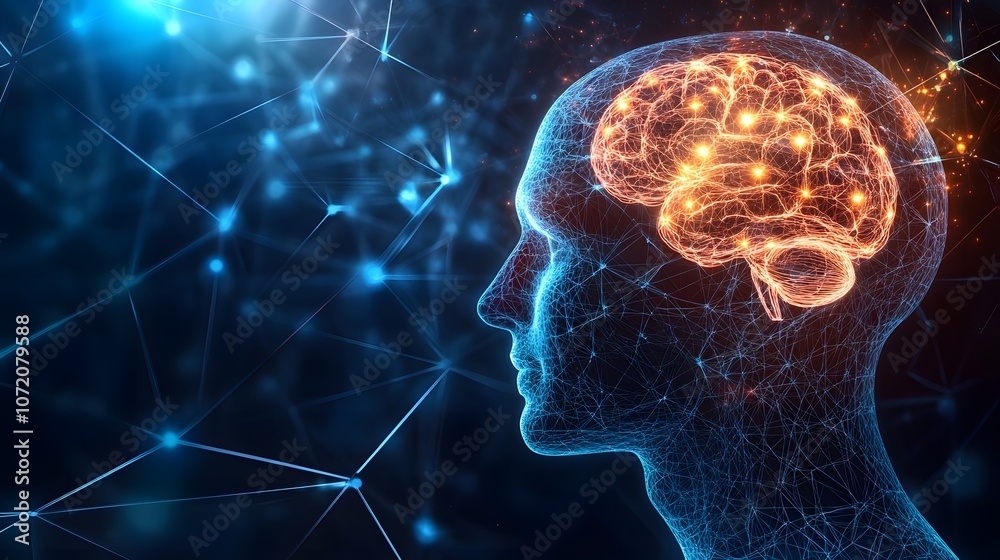 Poster A 3D human head model with 2D holographic neural network patterns floating around it, representing innovation in neuroscience, 4k resolution, ultra-realistic, uncluttered background