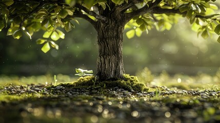 Obraz premium A tree with lush green moss growing on its trunk and around the base