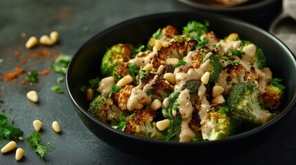 Roasted Romanesco with Tahini Sauce in a Black Bowl: Elegant Food Photography Featuring Pine Nuts and Za'atar, Showcasing Clean Composition and Studio Lighting.