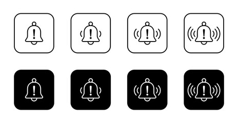Bell line with exclamation mark icon on black square. Warning notification outline sign symbol