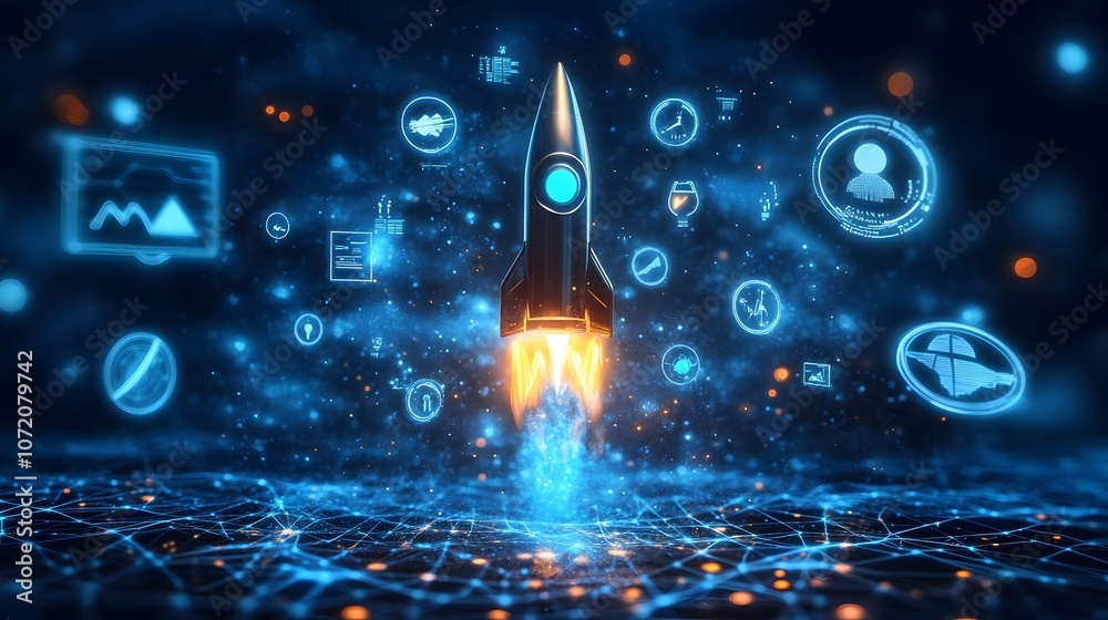 Poster A 3D rocket with 2D icons for speed, growth, and forward movement floating above, symbolizing breakthrough ideas, 4k resolution, ultra-realistic, uncluttered background