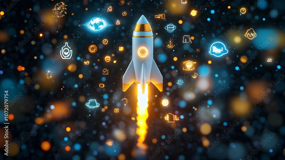 Poster a 3d rocket with 2d icons for speed, growth, and forward movement floating above, symbolizing breakt