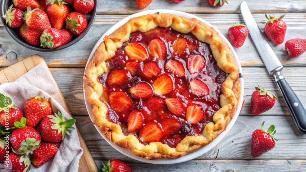 Aufkleber A golden-brown crust filled with a vibrant red strawberry jam and topped with fresh strawberry slices, surrounded by scattered strawberries and a butter knife on a rustic wooden surface.