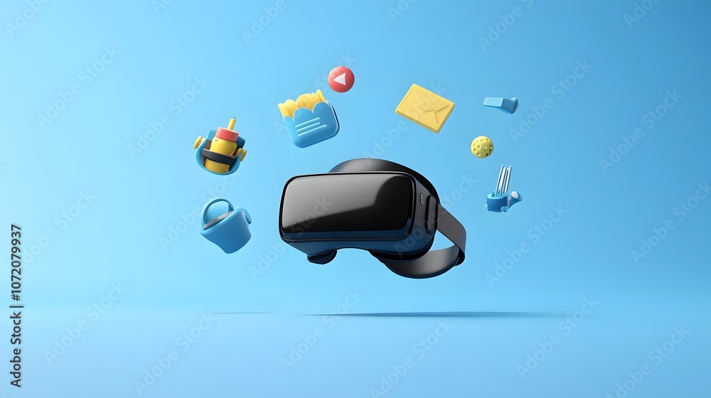 Poster A 3D VR headset with floating 2D icons of immersive environments and virtual tools, representing the innovation of virtual reality, 4k resolution, ultra-realistic, uncluttered background
