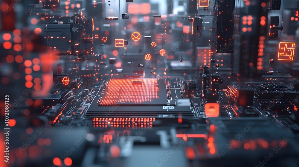 Poster A 3D AI chip with floating 2D artificial intelligence icons and data patterns, representing innovation in AI, 4k resolution, ultra-realistic, uncluttered background