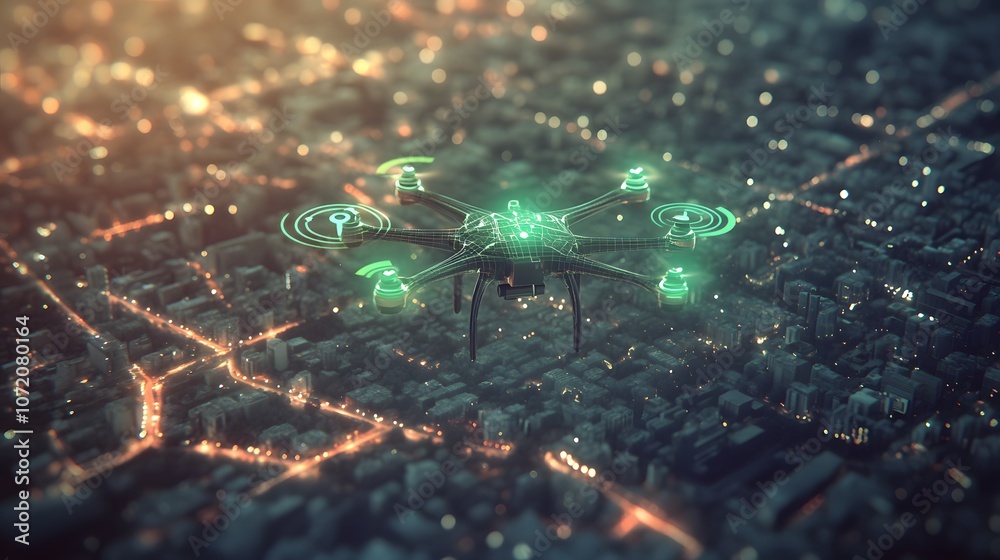 Poster A 3D drone model with 2D mapping and GPS icons floating around, symbolizing innovations in aerial technology, 4k resolution, ultra-realistic, uncluttered background