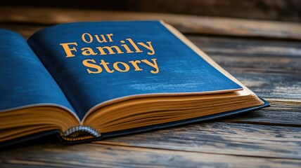 Open book titled "Our Family Story" on wooden table