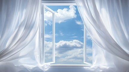 Open window with white curtains reveals blue sky and clouds on sunny day