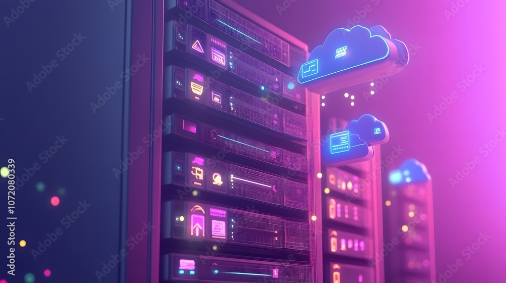 Poster A 3D data server with floating 2D cloud and cybersecurity icons, representing innovation in data security, 4k resolution, ultra-realistic, uncluttered background
