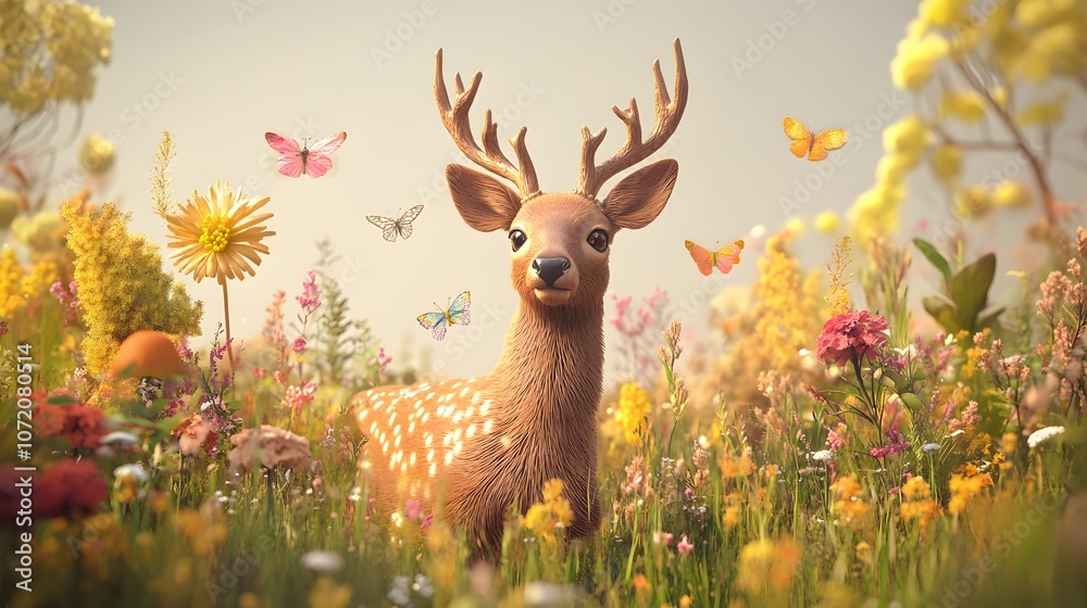 Poster A 3D deer with floating 2D icons of flora and fauna, representing the biodiversity of a forest, 4k resolution, ultra-realistic, uncluttered background