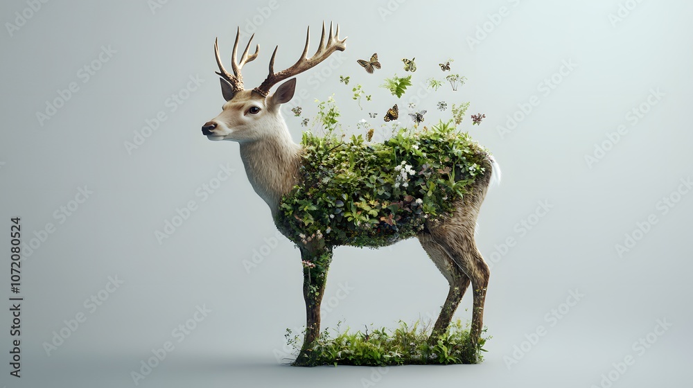 Poster A 3D deer with floating 2D icons of flora and fauna, representing the biodiversity of a forest, 4k resolution, ultra-realistic, uncluttered background