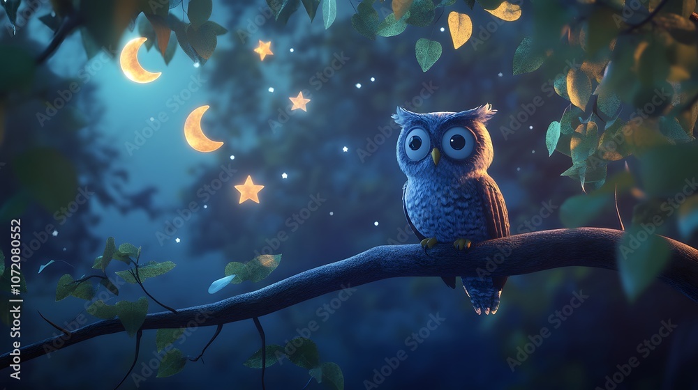 Poster A 3D owl perched on a tree branch with floating 2D moon and star icons, symbolizing the nocturnal life of the forest, 4k resolution, ultra-realistic, uncluttered background