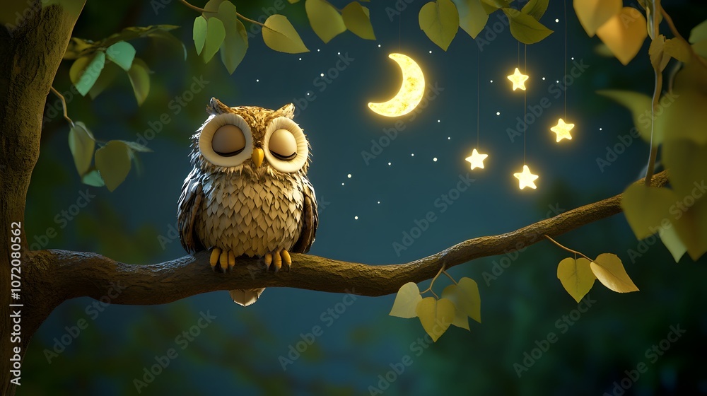 Poster A 3D owl perched on a tree branch with floating 2D moon and star icons, symbolizing the nocturnal life of the forest, 4k resolution, ultra-realistic, uncluttered background