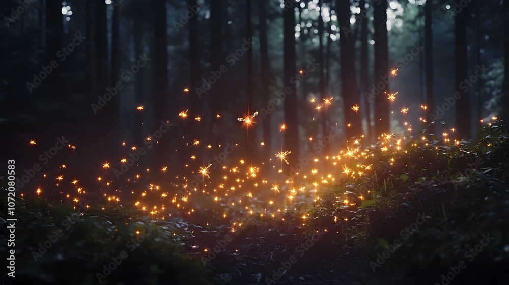 Poster a 3d forest clearing with floating 2d firefly and light beam icons, creating an ethereal night scene
