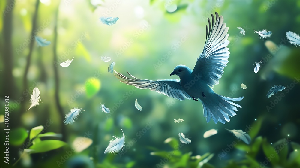 Poster A 3D bird in flight over a dense forest with floating 2D feather and wind icons, symbolizing freedom and the natural environment, 4k resolution, ultra-realistic, uncluttered background