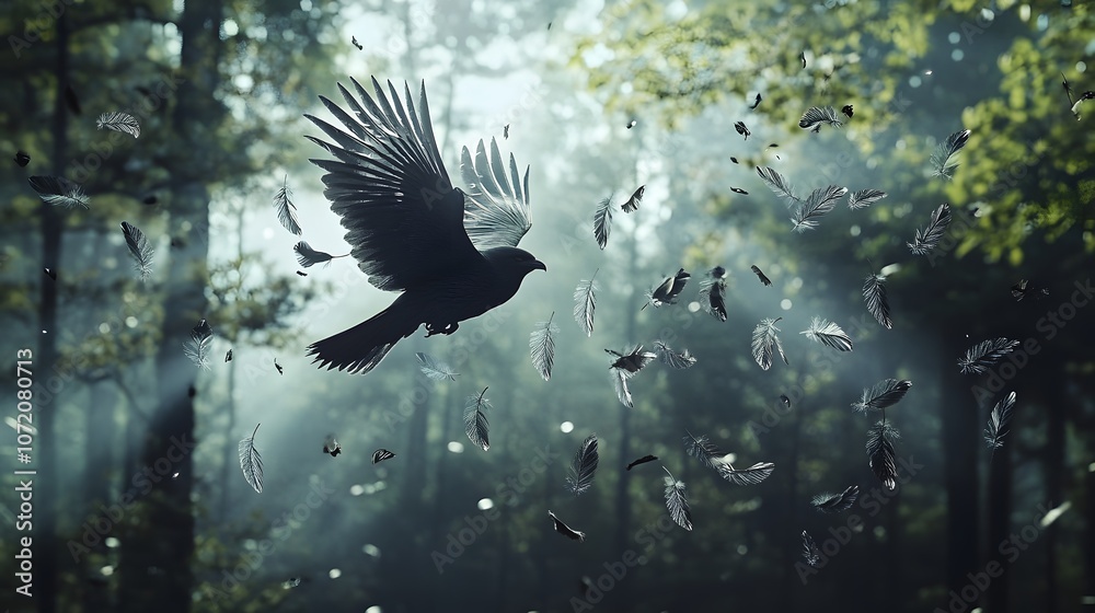 Poster A 3D bird in flight over a dense forest with floating 2D feather and wind icons, symbolizing freedom and the natural environment, 4k resolution, ultra-realistic, uncluttered background