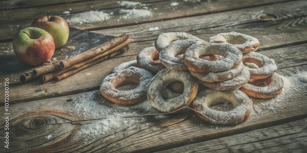 Aufkleber a stack of freshly baked, powdered sugar donuts on a rustic wooden table with apples and cinnamon st