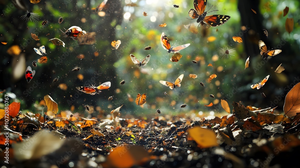 Poster A 3D forest floor with scattered leaves and floating 2D insect and microbe icons, highlighting decomposition and soil health, 4k resolution, ultra-realistic, uncluttered background