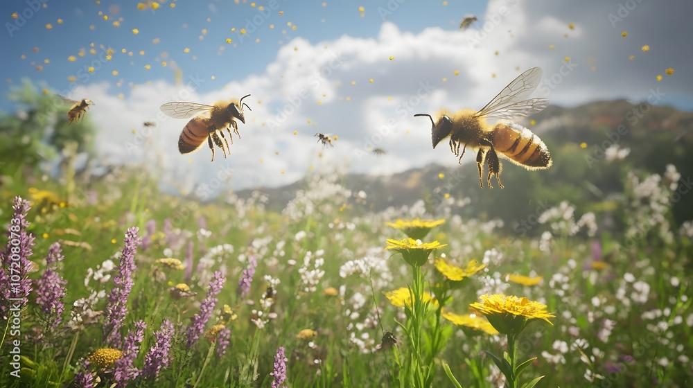 Poster A 3D wildflower meadow with floating 2D bee and pollen icons, representing the role of insects in the ecosystem, 4k resolution, ultra-realistic, uncluttered background