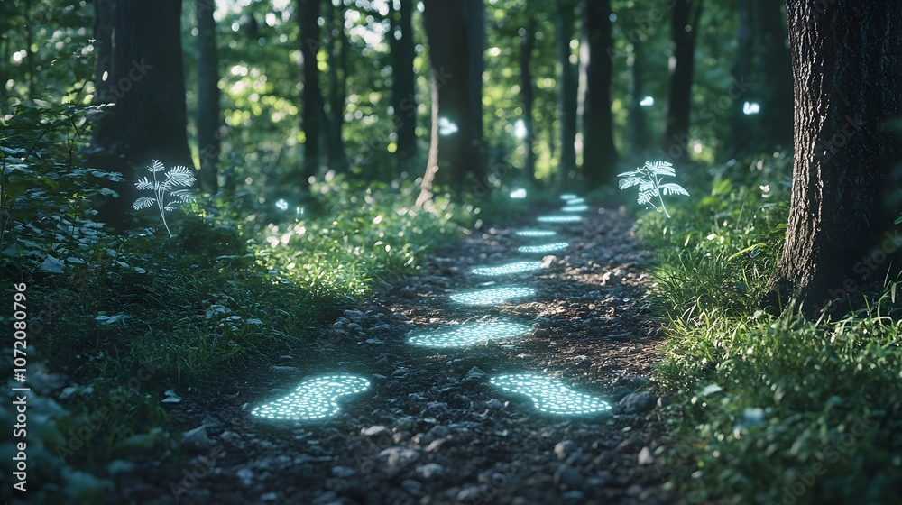 Poster A 3D trail through dense trees with floating 2D footprints and plant icons, representing exploration and adventure, 4k resolution, ultra-realistic, uncluttered background