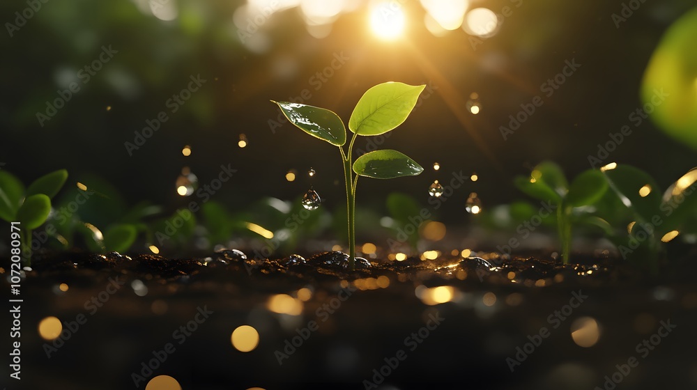 Poster A 3D sapling emerging from the ground with floating 2D sunlight and water droplet icons, representing growth and regeneration, 4k resolution, ultra-realistic, uncluttered background