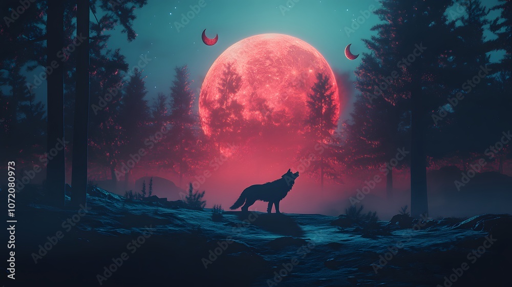 Poster A 3D wolf howling at the edge of a forest with floating 2D moon and echo icons, creating a haunting night scene, 4k resolution, ultra-realistic, uncluttered background