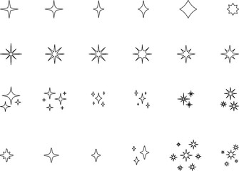 Minimalist silhouette stars icon set, twinkle shining star shape symbols, icons, elements. Modern geometric sparkle black silhouettes sign