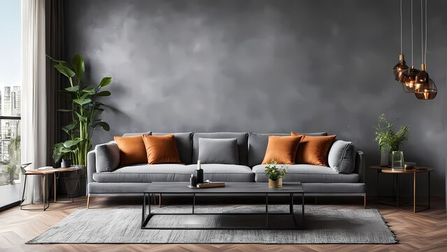 Cozy living room interior with couch and grey wall. Generative ai