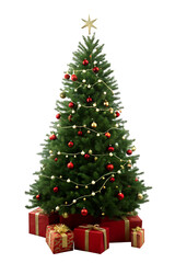 Classic Christmas Tree Image Full HD 4K Stock Photo PNG Transparent Background Download &ndash; Lush Green Tree with Red and Gold Ornaments, Gifts and Golden Star