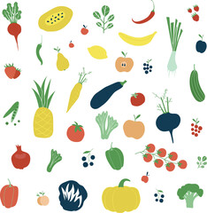 Set with hand drawn Fall colorful doodle fruits and vegetables. Handdrawn red, orange and green fruits, berries, vegetables. Vector collection. Sketch style. Flat icons berries, carrot, onion, tomato.