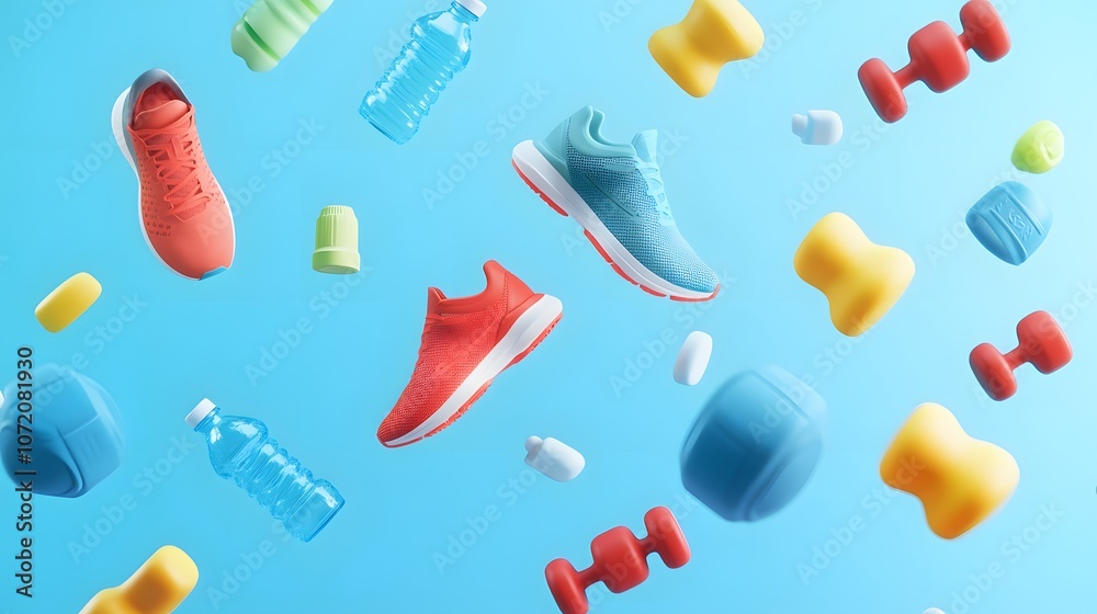 Poster a 3d fitness report with icons of running shoes, weights, and water bottles floating up, creating an
