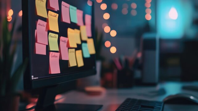 Computer monitor with multicolored sticky notes in dimly lit office space, lights background