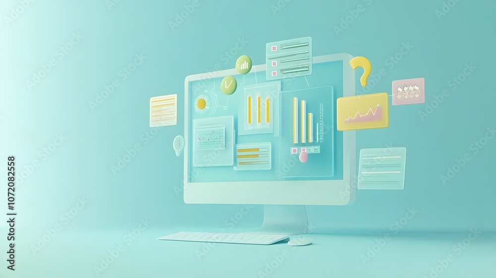 Poster A 3D computer display with project management icons like task lists, timelines, and progress bars floating out of the screen, on a pastel blue background, 4k resolution, no background, no shadow, no