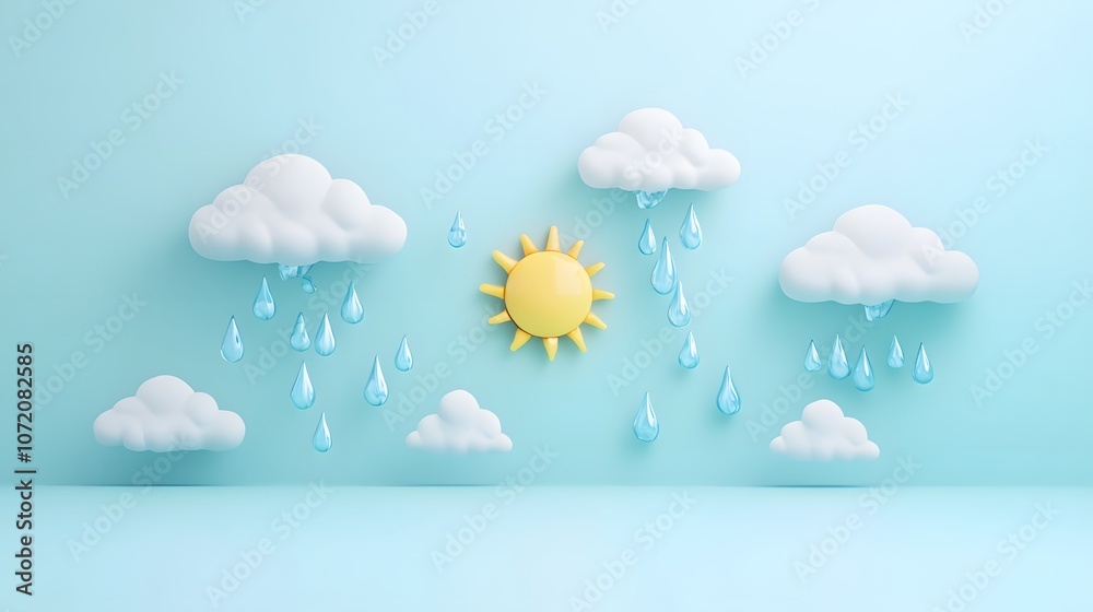 Poster a screen with weather icons like sun, cloud, and raindrops emerging in 3d, creating a weather foreca
