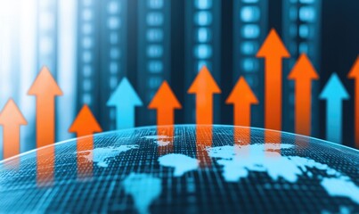 A futuristic representation of global markets showing data trends with arrows illustrating growth and progress.