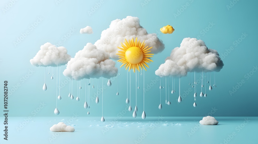 Poster a screen with weather icons like sun, cloud, and raindrops emerging in 3d, creating a weather foreca