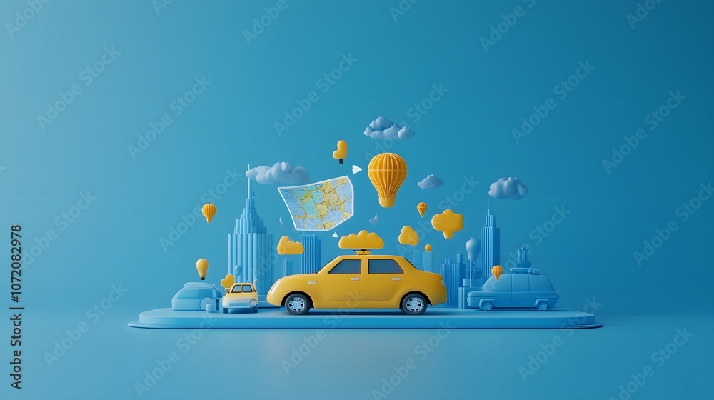 Poster a desktop display with transport icons like car, bus, and map symbols emerging, creating a travel-or