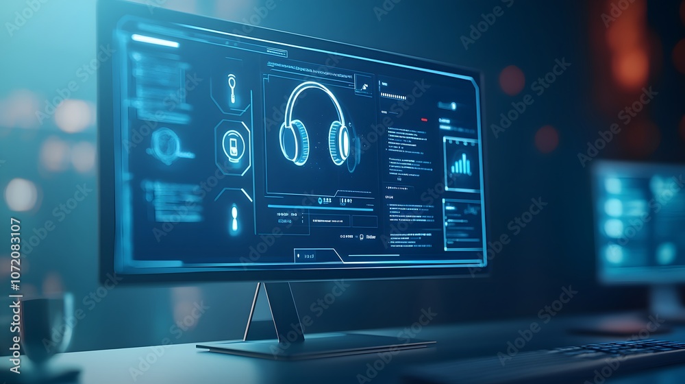 Poster a computer screen with customer service icons such as headset, speech bubble, and support agent symb