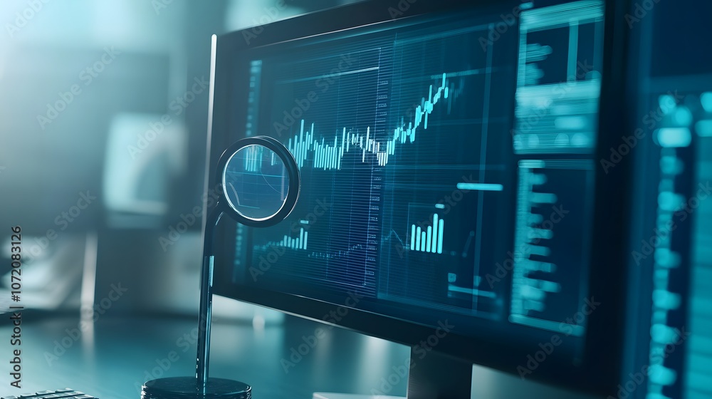 Poster A monitor with analytics icons like line graph, magnifying glass, and data chart emerging from the display, providing a data analysis theme, on a soft blue background, 4k resolution, no background,