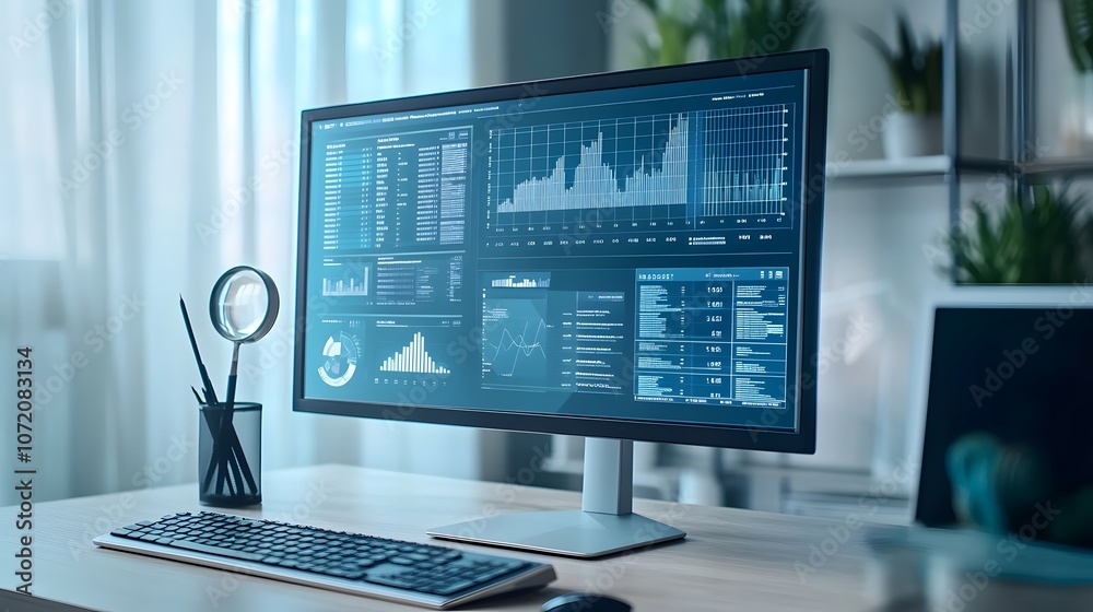 Poster A monitor with analytics icons like line graph, magnifying glass, and data chart emerging from the display, providing a data analysis theme, on a soft blue background, 4k resolution, no background,