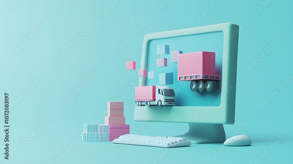 Poster a 3d-rendered computer monitor with supply chain icons like truck, warehouse, and package symbols em