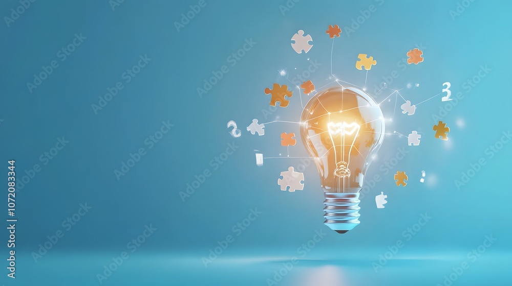 Poster a desktop screen with brainstorming icons like idea bulb, puzzle pieces, and solution pathway emergi