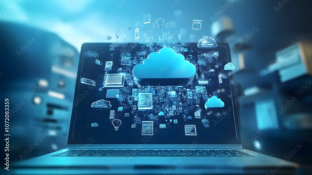 Poster A business computer with cloud computing icons like cloud, upload, and server symbols popping out, representing digital storage, on a light blue background, 4k resolution, no background, no shadow,