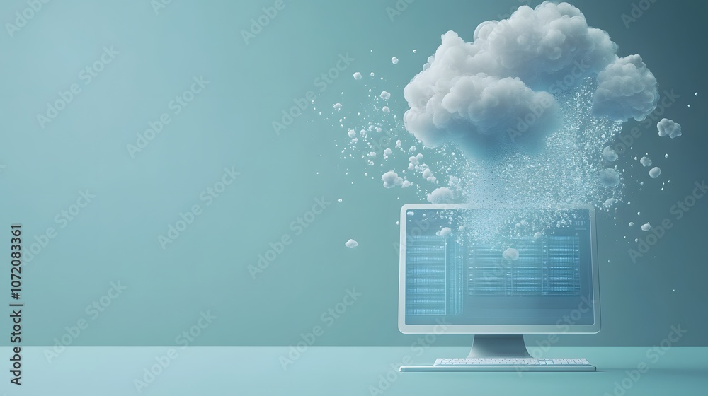 Poster a business computer with cloud computing icons like cloud, upload, and server symbols popping out, r