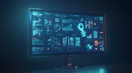 A monitor with workflow icons like pipeline, automation gear, and process flow emerging, symbolizing business operations, on a vibrant blue background, 4k resolution, no background, no shadow, no text
