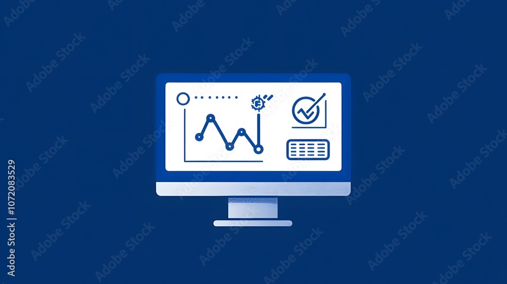 Poster A computer screen with financial forecasting icons such as line graph, analysis chart, and future trend arrow popping out, giving a predictive look, on a rich blue background, 4k resolution, no